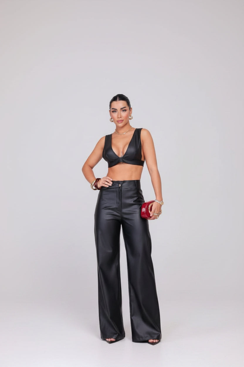 Calça Couro Fake Wide Leg