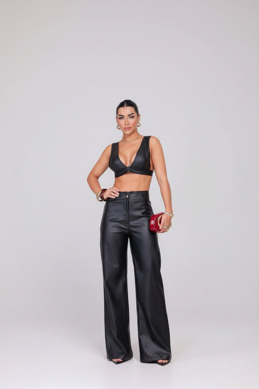 Calça Couro Fake Wide Leg